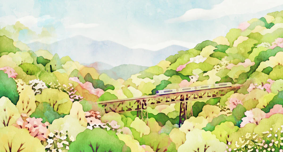 Watercolor Train Trestle Landscape Mural Wallpaper - room preview 04
