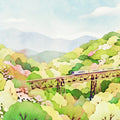 Watercolor Train Trestle Landscape Mural Wallpaper - room preview 04