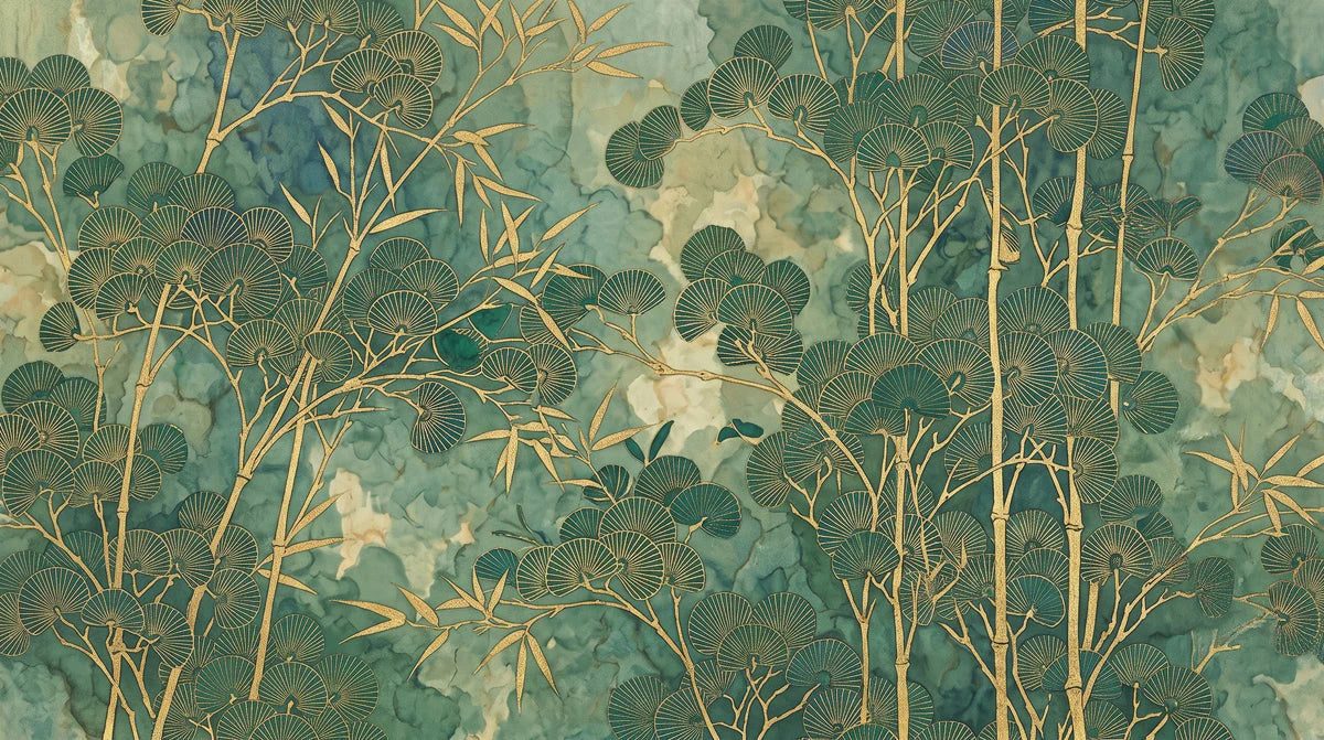 Gilded Bamboo Ink Wash Mural Wallpaper in Emerald Green Mural Wallpaper - room preview 04