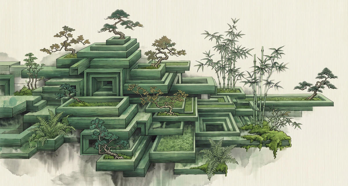 Zen Terrace Geometric Mural Wallpaper with Bonsai and Bamboo Mural Wallpaper - room preview 04