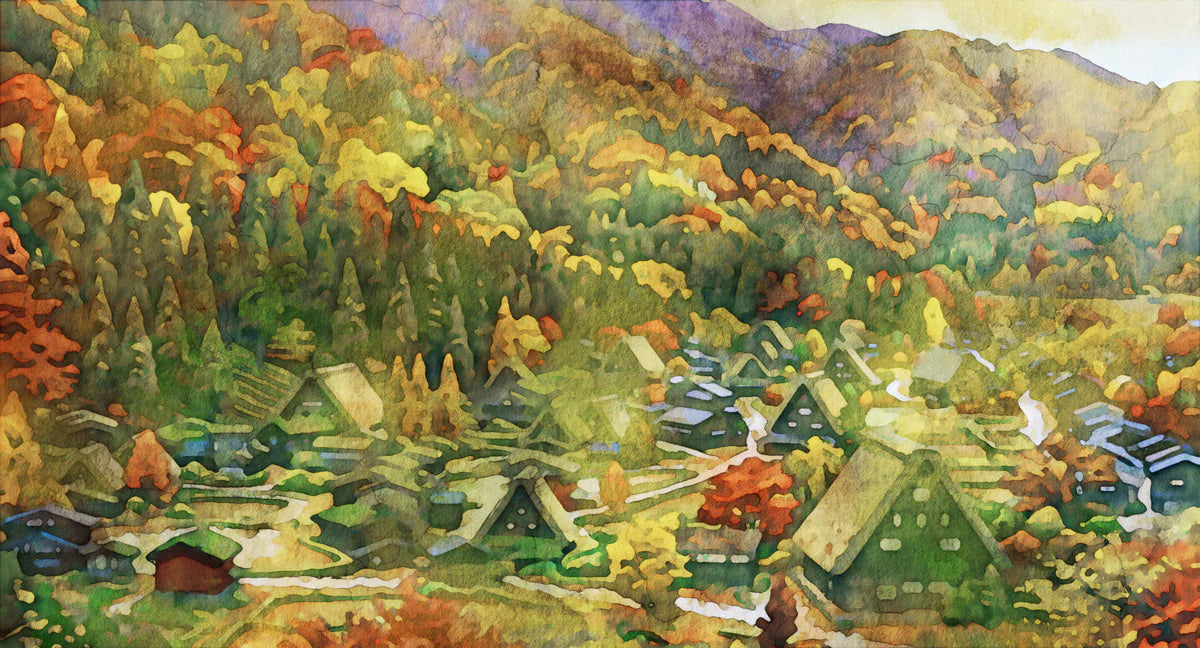 Autumnal Mountain Village Watercolor Mural Wallpaper - room preview 04