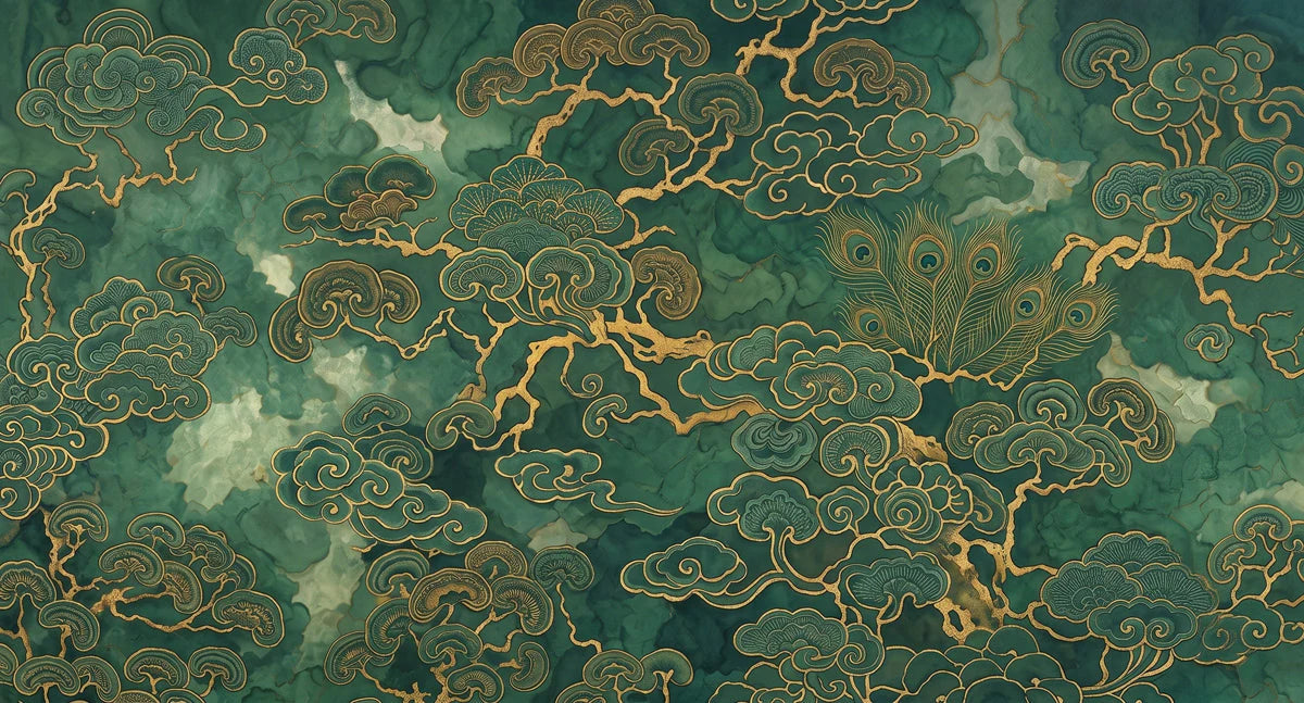 Gilded Pine and Peacock Mural Wallpaper in Emerald Mural Wallpaper - room preview 04