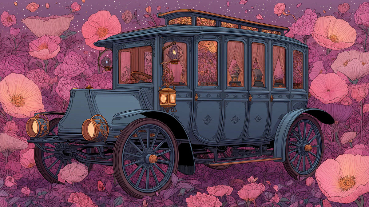 Vintage Carriage Floral Mural Wallpaper — Whimsical Garden Design Mural Wallpaper - room preview 04