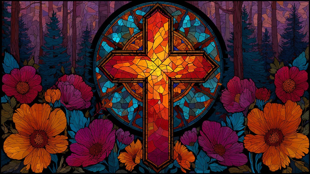 Stained Glass Cross Mural Wallpaper — Vibrant Artistic Motif Mural Wallpaper - room preview 04