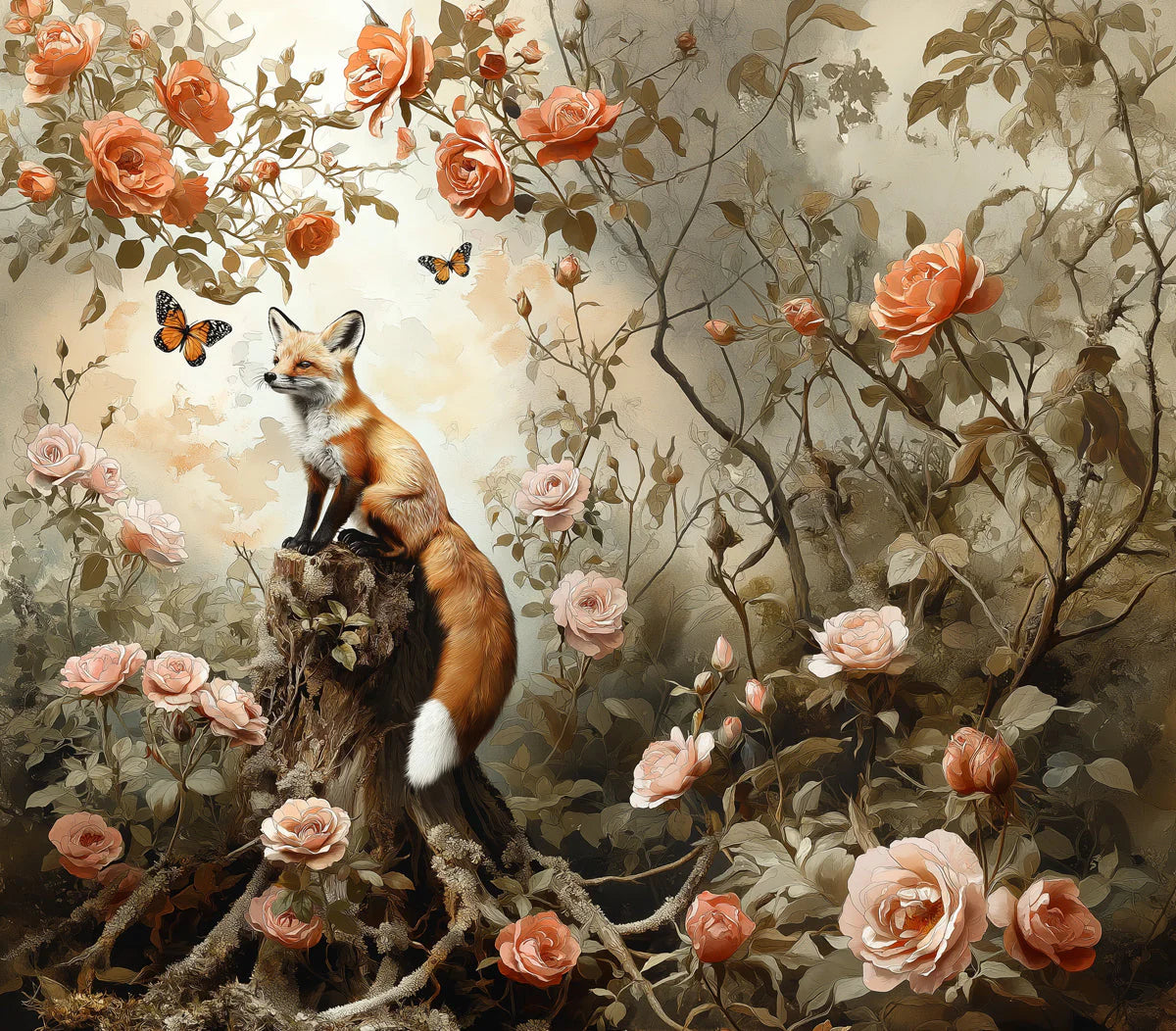 Fox and Rose Garden Mural Wallpaper — Whimsical Nature Scene Mural Wallpaper - room preview 04