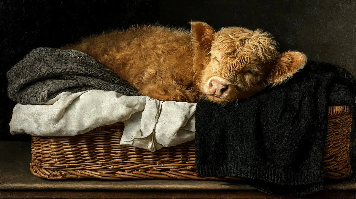 Sleeping Highland Calf Mural Wallpaper —Artistic Farmhouse Decor Mural Wallpaper - room preview 04