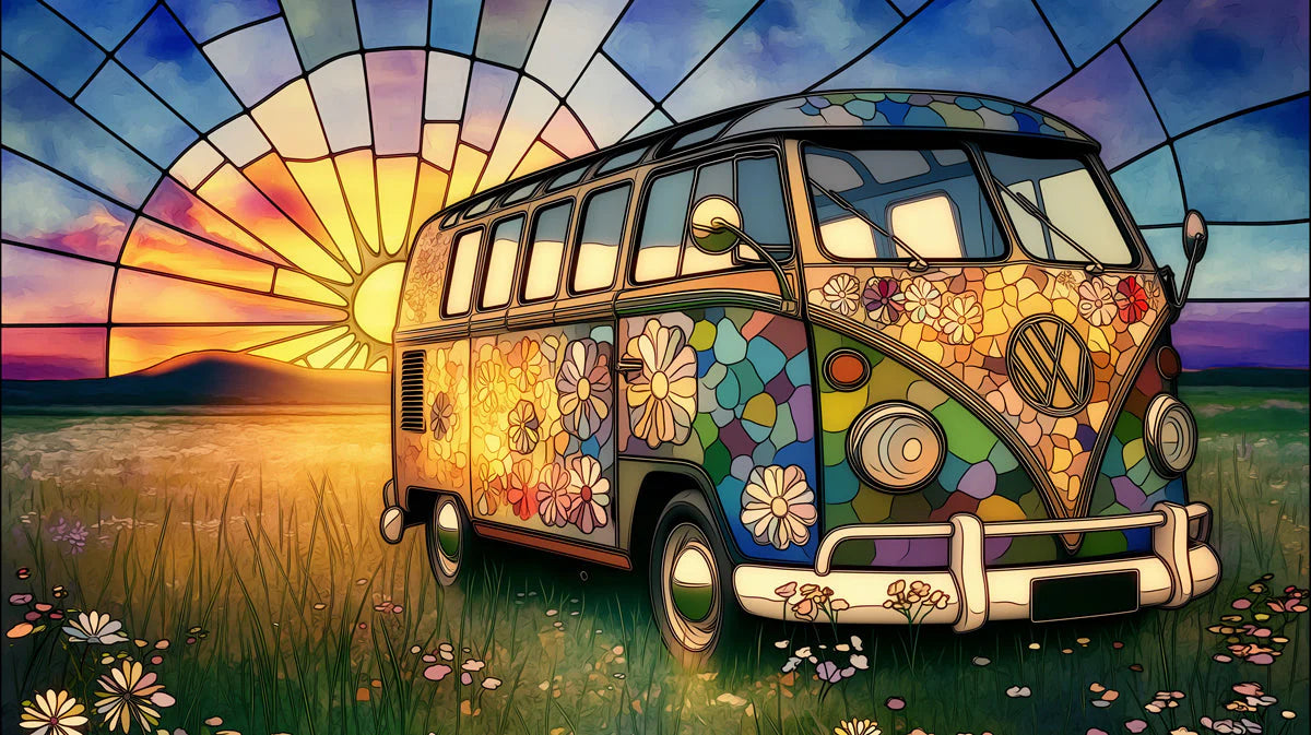 Stained Glass Vintage Van Mural Wallpaper — Whimsical Travel Scene Mural Wallpaper - room preview 04