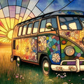 Stained Glass Vintage Van Mural Wallpaper — Whimsical Travel Scene Mural Wallpaper - room preview 04