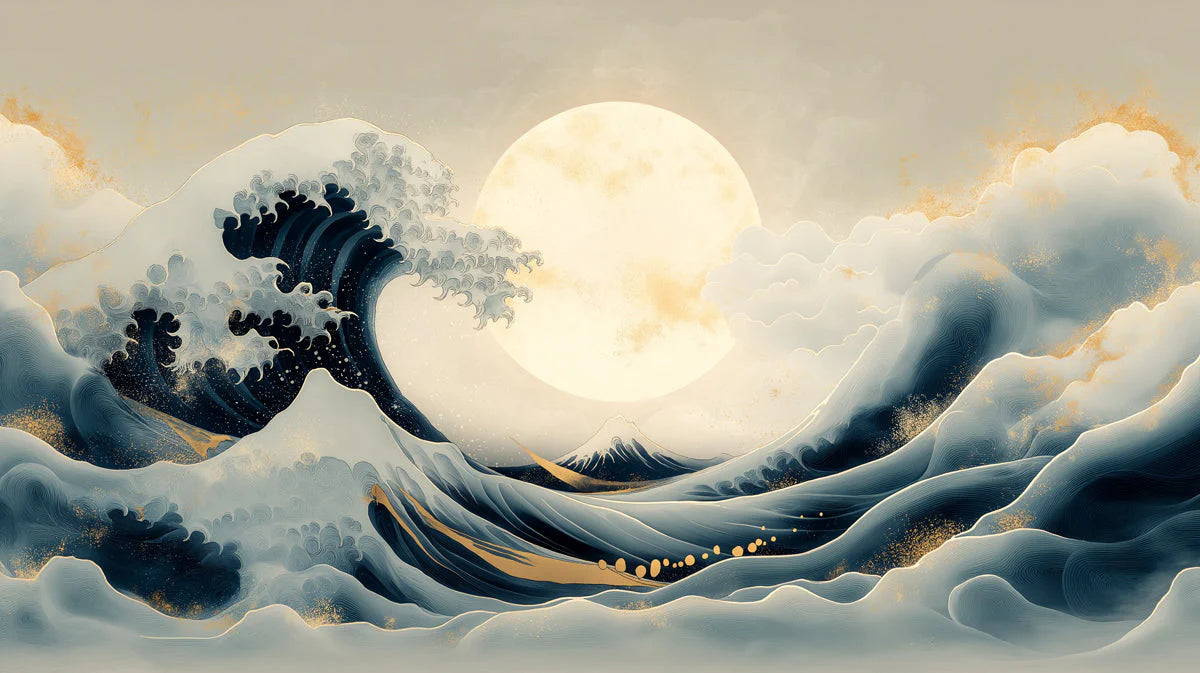 Great Wave Lunar Mural Wallpaper in Navy and Soft Gold Mural Wallpaper - room preview 04