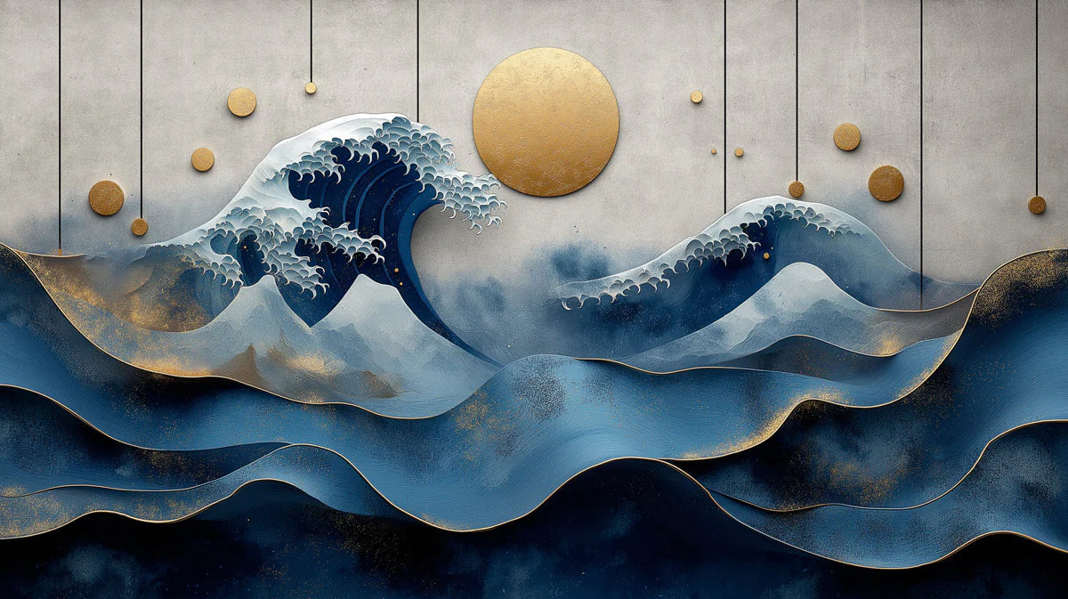 Japanese Wave Mural Wallpaper with Golden Accents Mural Wallpaper - room preview 04