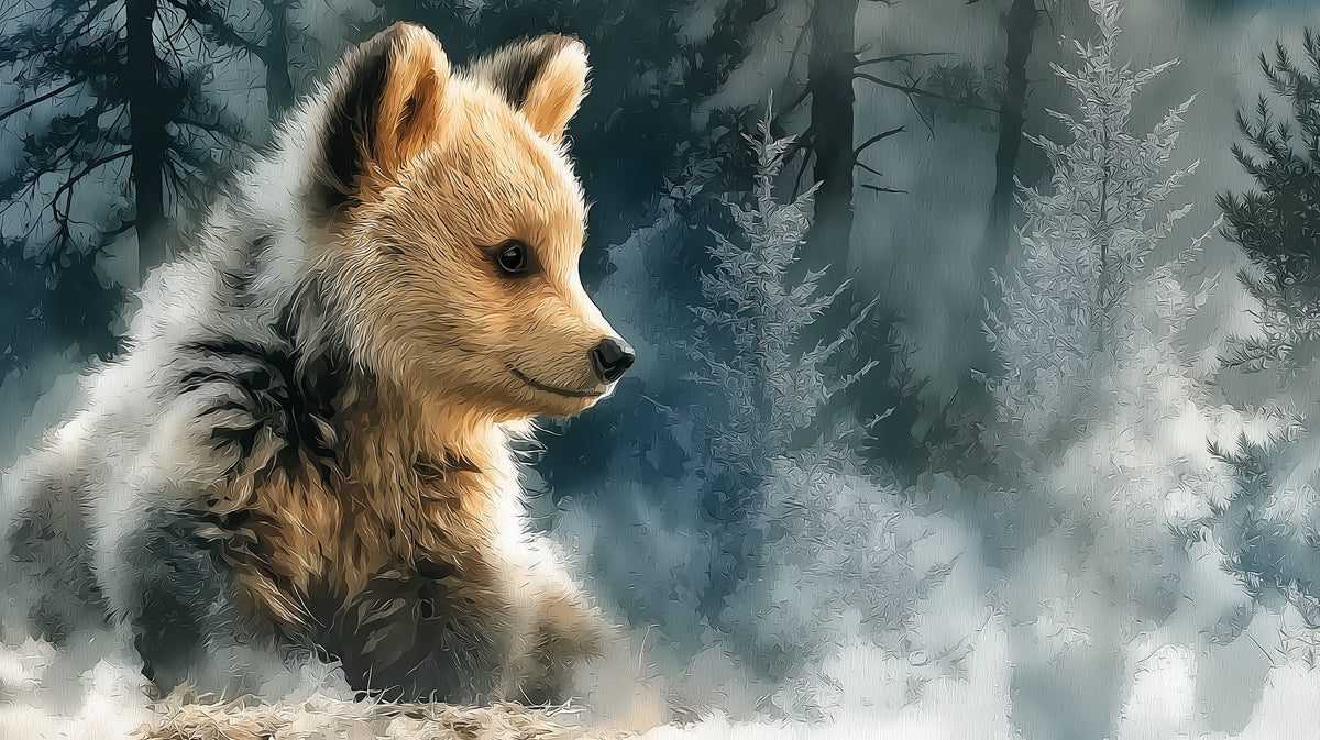 Winter Bear Cub Mural Wallpaper —Cozy Woodland Artistic Scene Mural Wallpaper - room preview 04