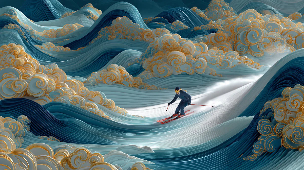 Alpine Wave Mural Wallpaper with Stylized Gold Clouds Mural Wallpaper - room preview 04