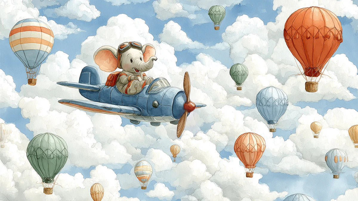Elephant Pilot Mural Wallpaper — Whimsical Sky Adventure Mural Wallpaper - room preview 04