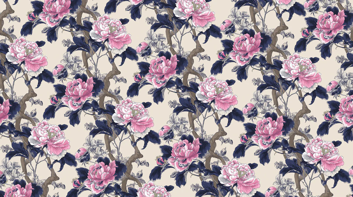 Chinoiserie Peony Floral Mural Wallpaper in Pink and Navy Mural Wallpaper - room preview 04