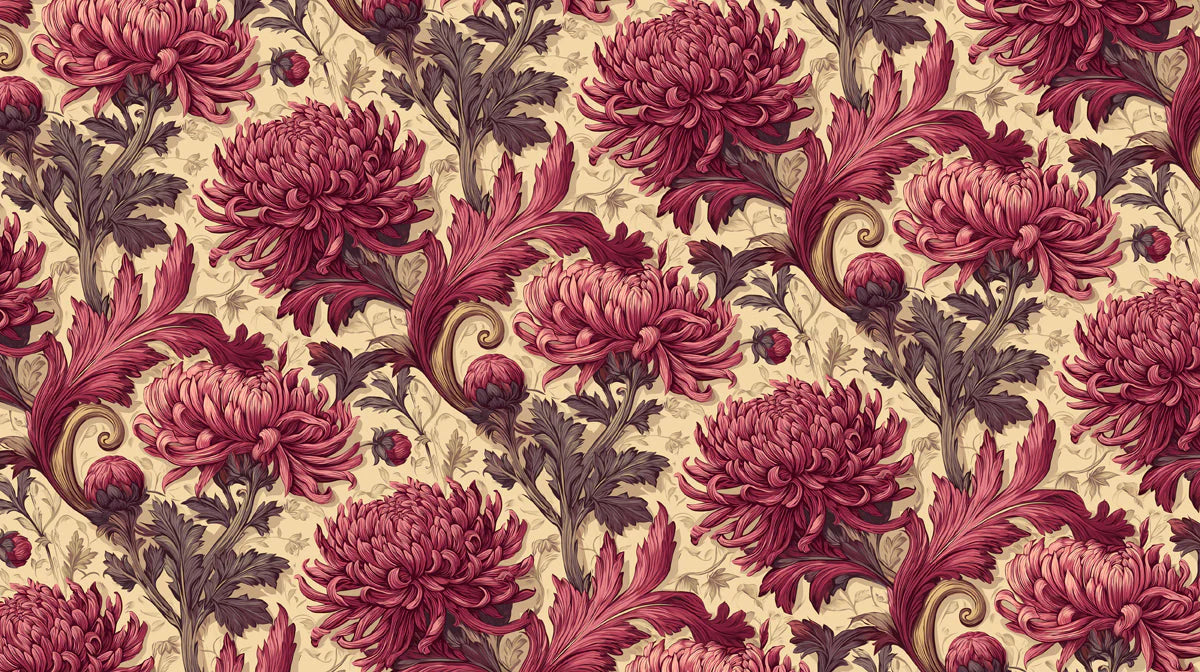 Vintage Chrysanthemum Floral Mural Wallpaper in Deep Raspberry Mural Wallpaper - room preview 04