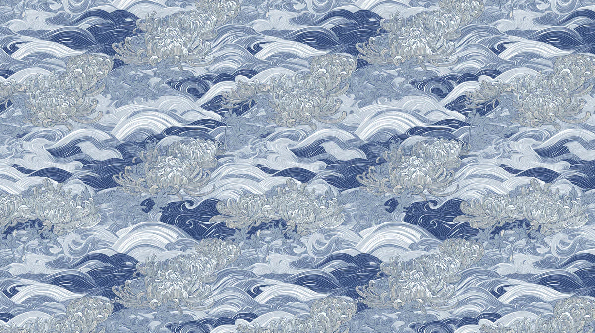 Chrysanthemum Wave Mural Wallpaper in Indigo Blue Mural Wallpaper - room preview 04