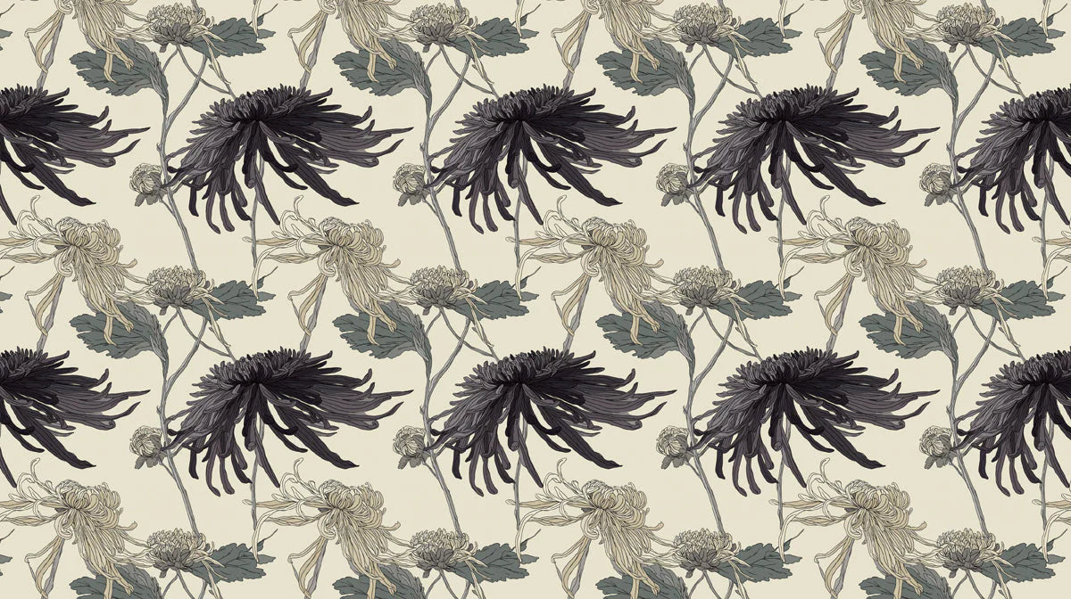 Vintage Botanical Chrysanthemum Mural Wallpaper in Muted Tones Mural Wallpaper - room preview 04