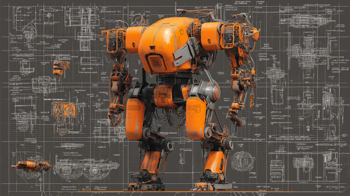 Industrial Mech Blueprint Mural Wallpaper — Bold Orange Design Mural Wallpaper - room preview 04