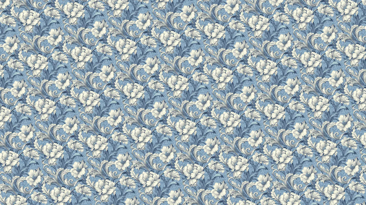 Vintage Floral Damask Mural Wallpaper in Blue and Cream Mural Wallpaper - room preview 04