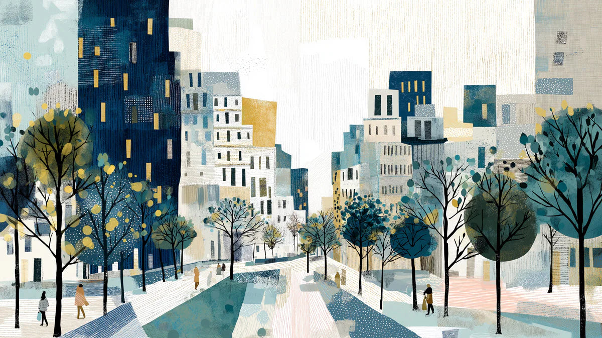 Urban Landscape Mural Wallpaper — Painterly City Scene Mural Wallpaper - room preview 04