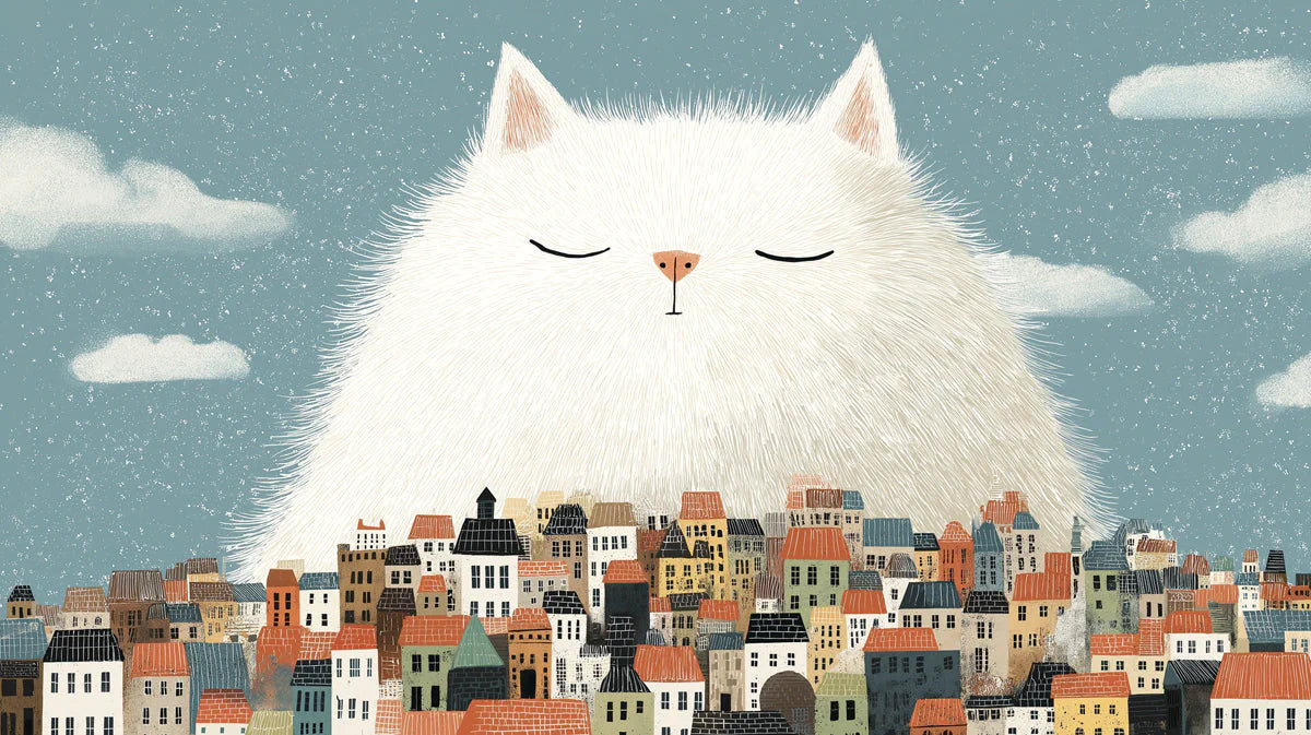 Giant Fluffy Cat Over City Mural Wallpaper — Whimsical Decor Mural Wallpaper - room preview 04