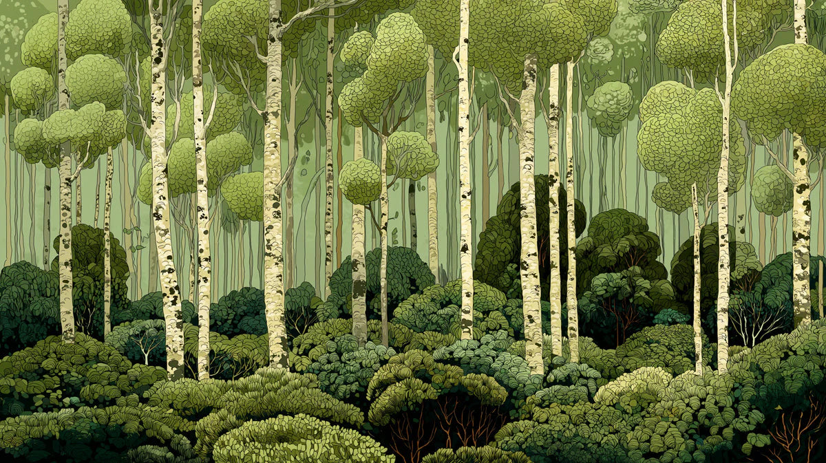 Birch Forest Mural Wallpaper — Illustrative Nature Scene Mural Wallpaper - room preview 04