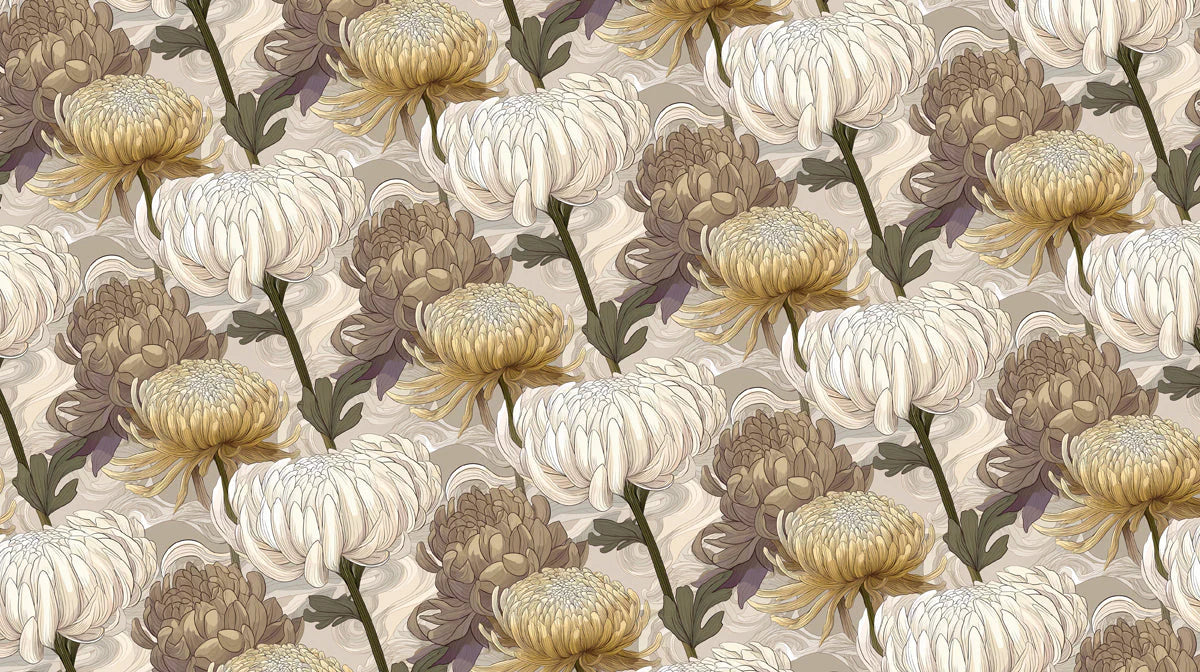 Chrysanthemum Bloom Mural Wallpaper — Earthy Floral Design Mural Wallpaper - room preview 04