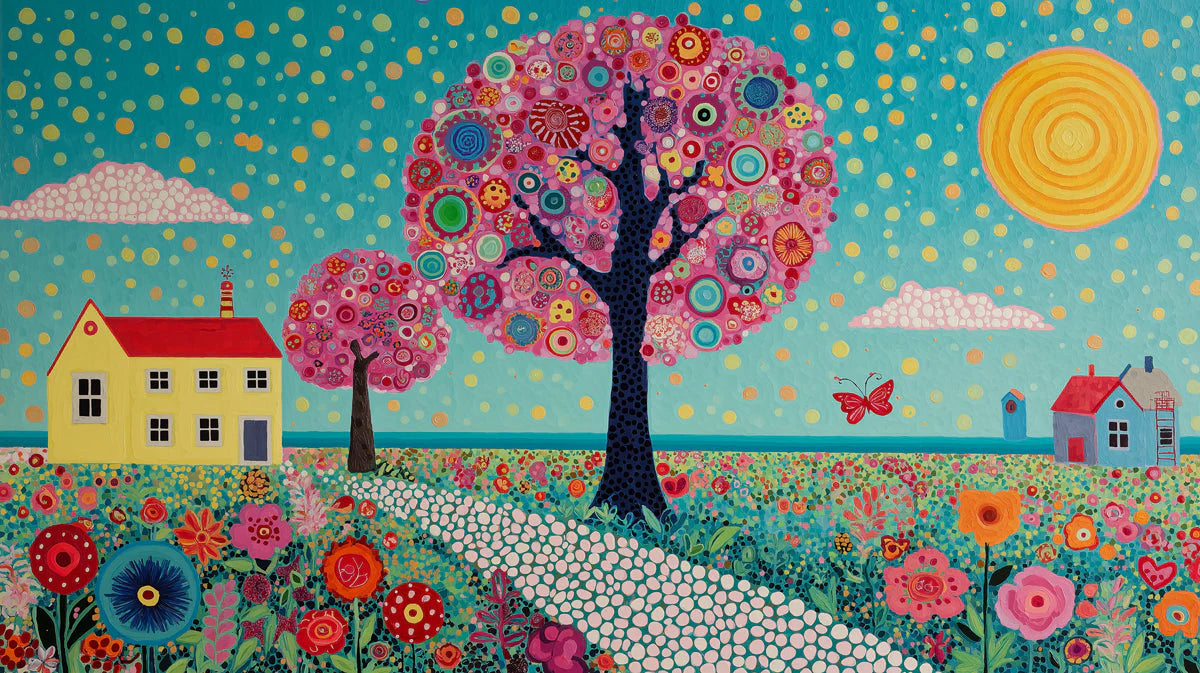 Whimsical Meadow Garden Mural Wallpaper — Bright Folk Art Style Mural Wallpaper - room preview 04