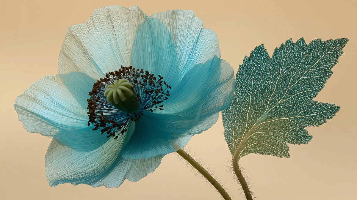 Cyan Poppy Botanical Mural Wallpaper — Soft Macro Floral Art Mural Wallpaper - room preview 04