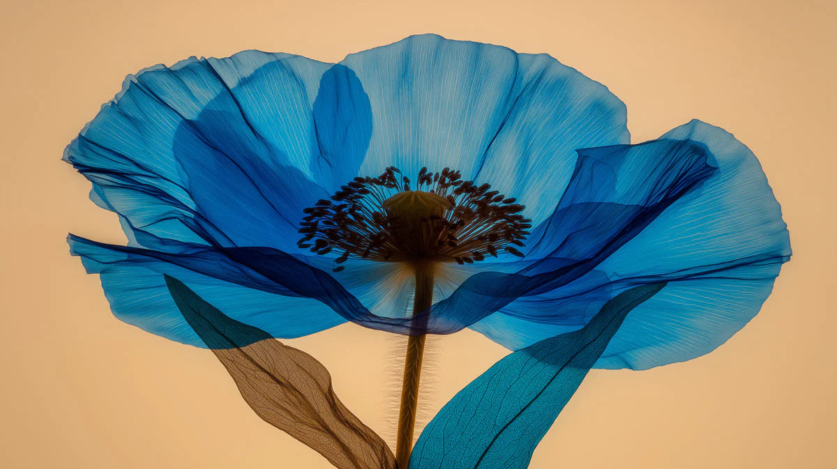 Ethereal Blue Poppy Macro Mural Wallpaper — Modern Botanical Art Mural Wallpaper - room preview 04