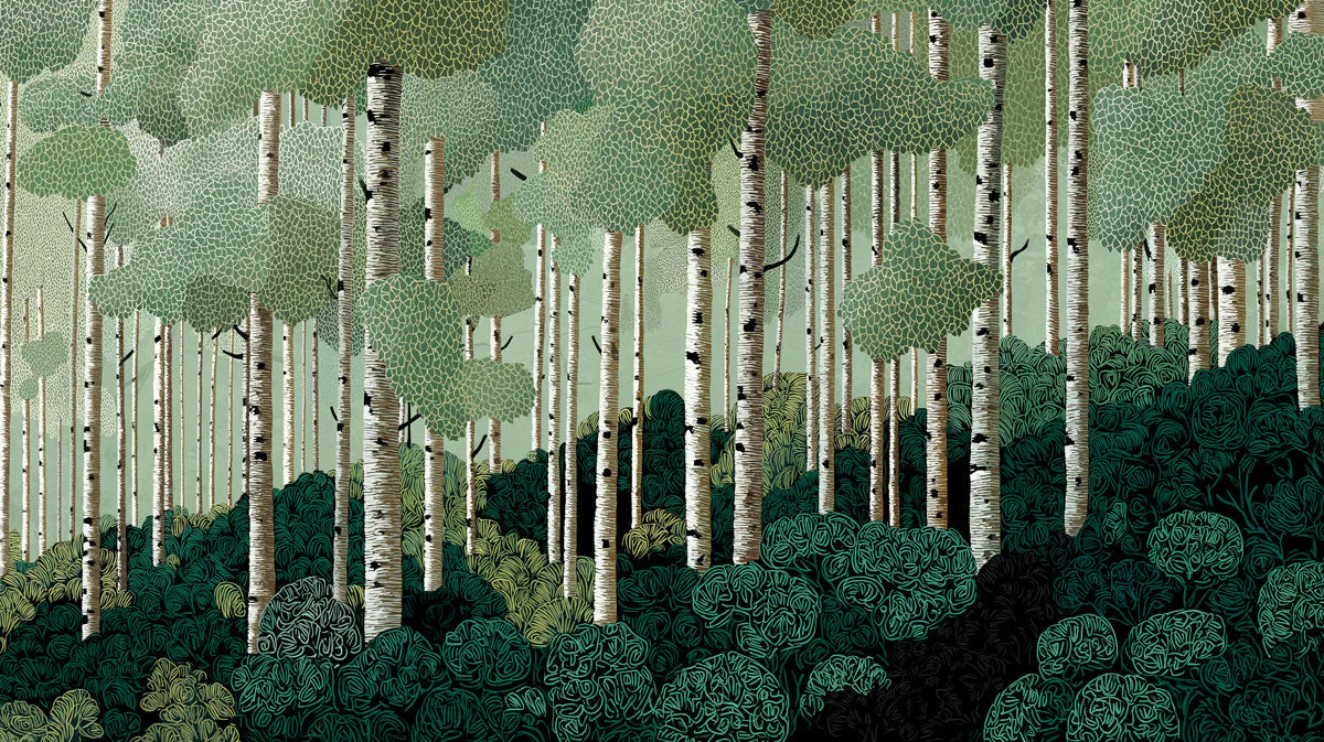 Birch Forest Mural Wallpaper with Botanical Line Art Mural Wallpaper - room preview 04