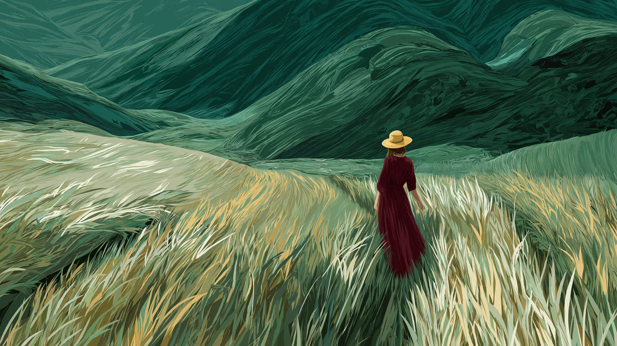 Woman in Field Mural Wallpaper —Painterly Landscape Design Mural Wallpaper - room preview 04