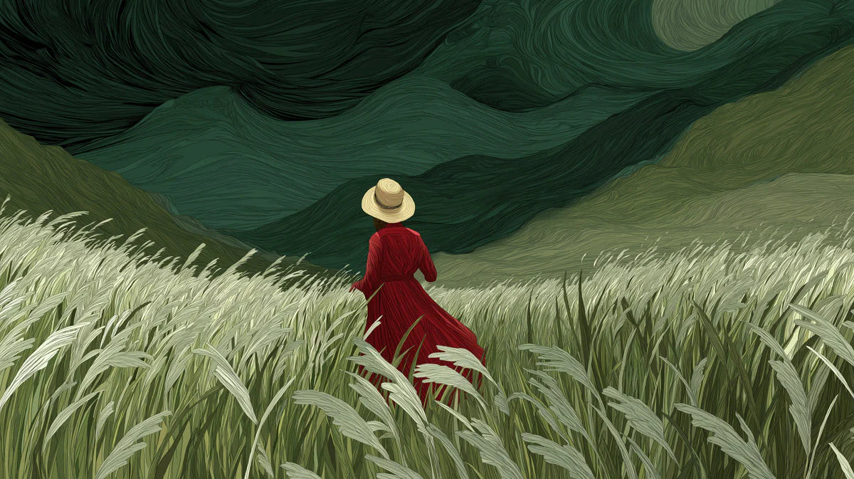 Woman in Red Field Mural Wallpaper — Moody Impressionistic Landscape Mural Wallpaper - room preview 04