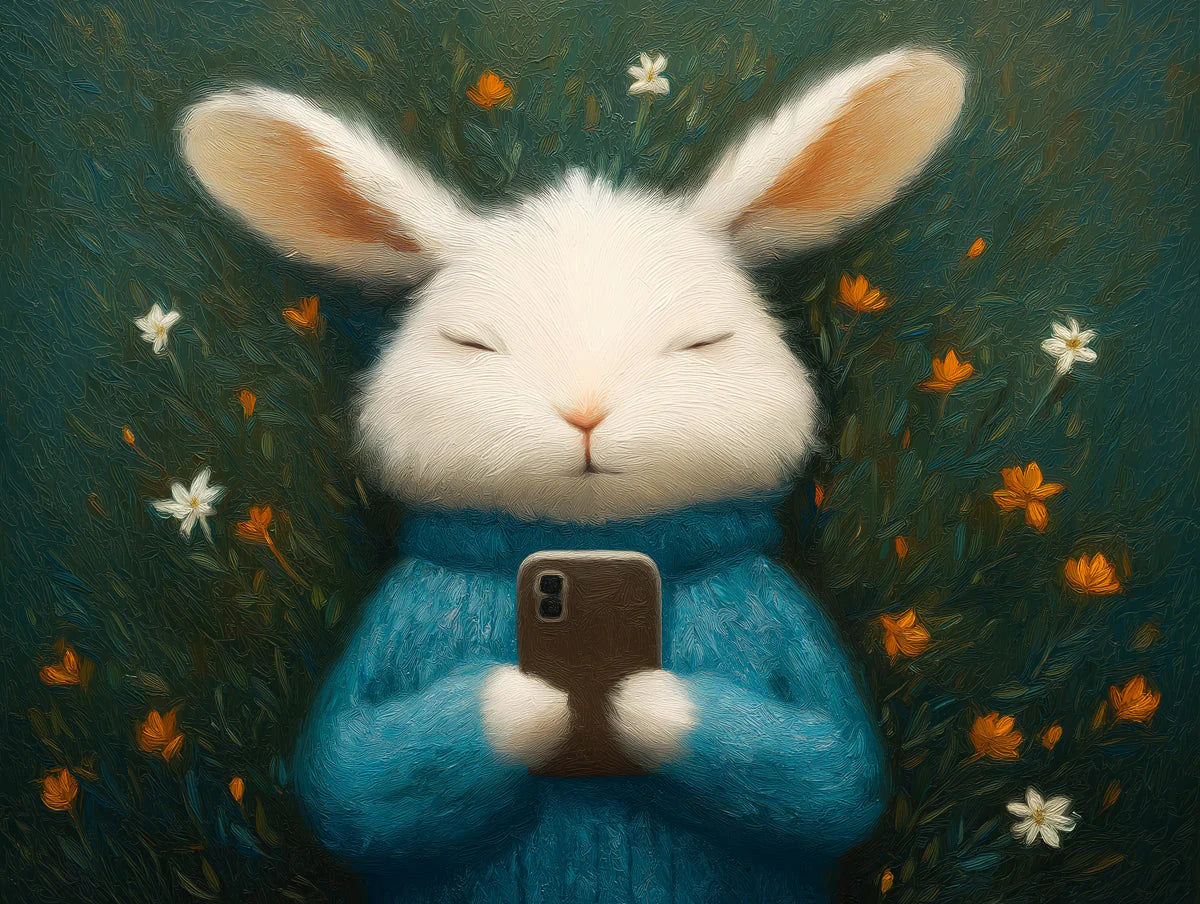 Cozy Rabbit with Smartphone Mural Wallpaper — Whimsical Art Mural Wallpaper - room preview 04
