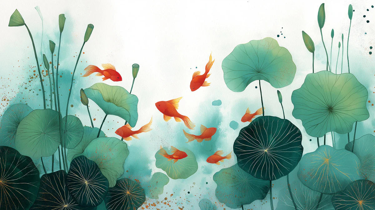 Koi Pond Botanical Mural Wallpaper — Watercolor Nature Design Mural Wallpaper - room preview 04