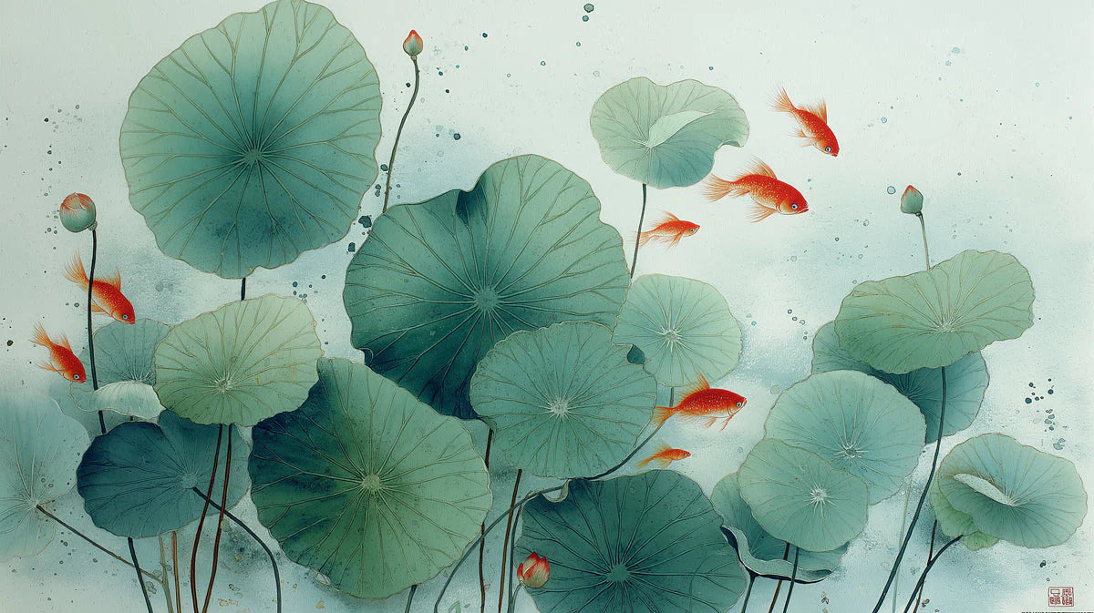 Koi Pond Lotus Mural Wallpaper in Soft Teal and Vibrant Orange Mural Wallpaper - room preview 04