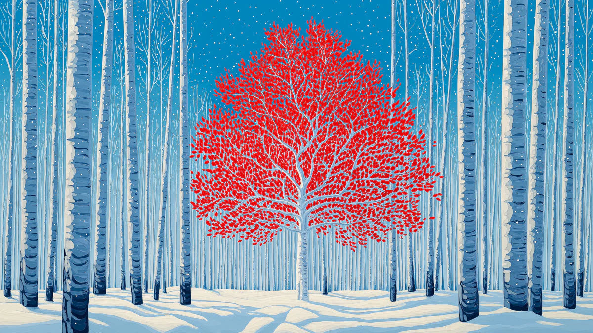 Vibrant Red Tree in Winter Forest Mural Wallpaper - room preview 04