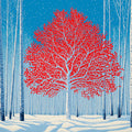 Vibrant Red Tree in Winter Forest Mural Wallpaper - room preview 04