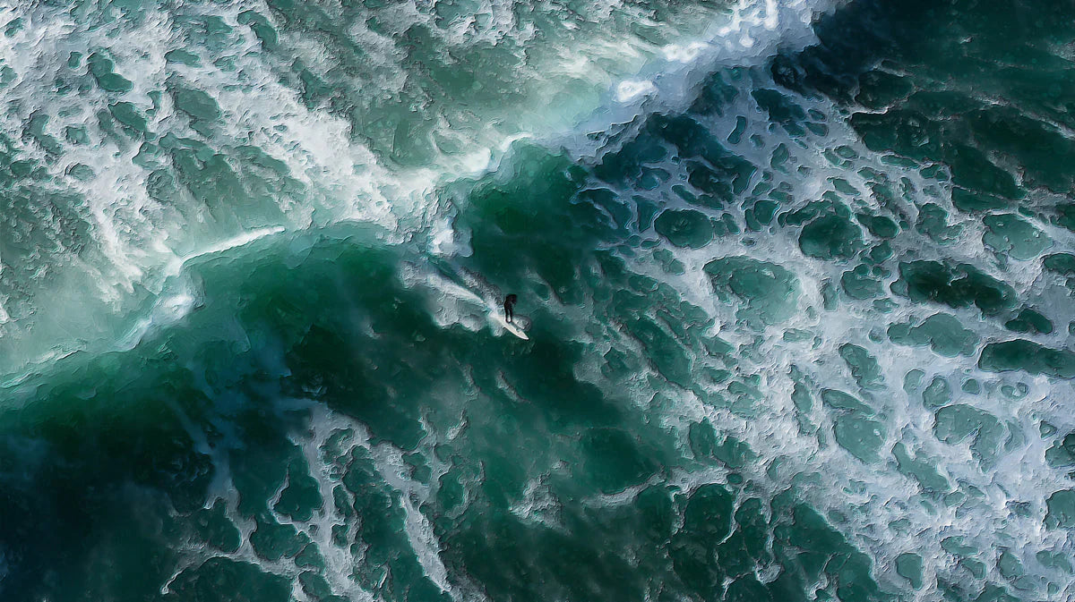 Aerial Surfer Wave Mural Wallpaper — Moody Coastal Ocean Art Mural Wallpaper - room preview 04