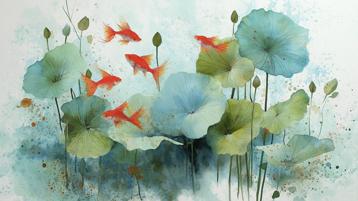 Koi Pond Watercolor Mural Wallpaper — Aquatic Botanical Design Mural Wallpaper - room preview 04