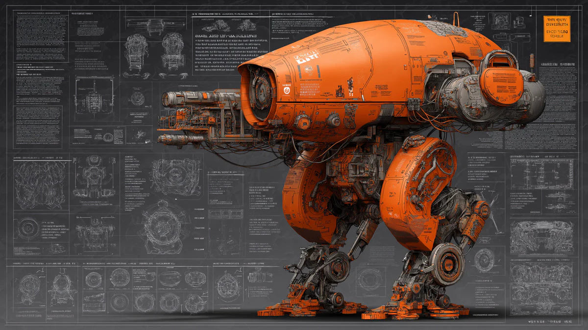 Industrial Mecha Schematic Mural Wallpaper — Kinetic Tech Design Mural Wallpaper - room preview 04