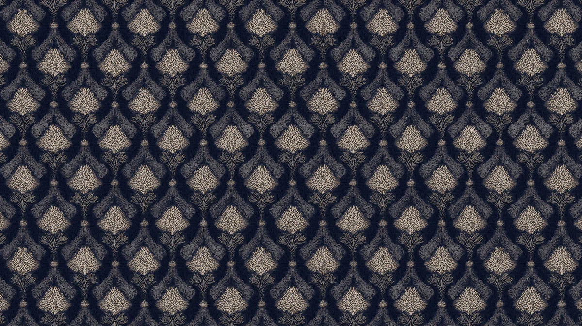 Damask Floral Silhouette Mural Wallpaper in Navy and Soft Beige Mural Wallpaper - room preview 04