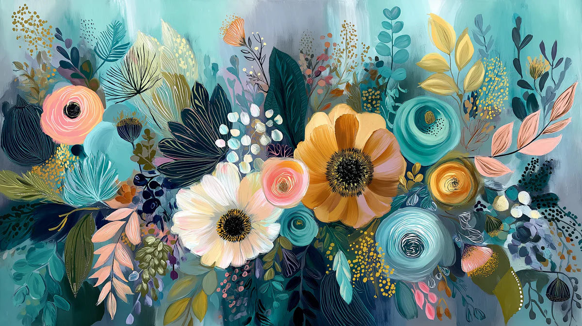 Abstract Floral Mural Wallpaper in Teal and Ochre Brushstrokes Mural Wallpaper - room preview 04
