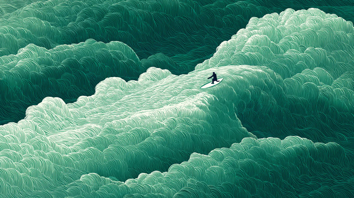 Surfer on Emerald Waves Mural Wallpaper — Stylized Sea Motif Mural Wallpaper - room preview 04