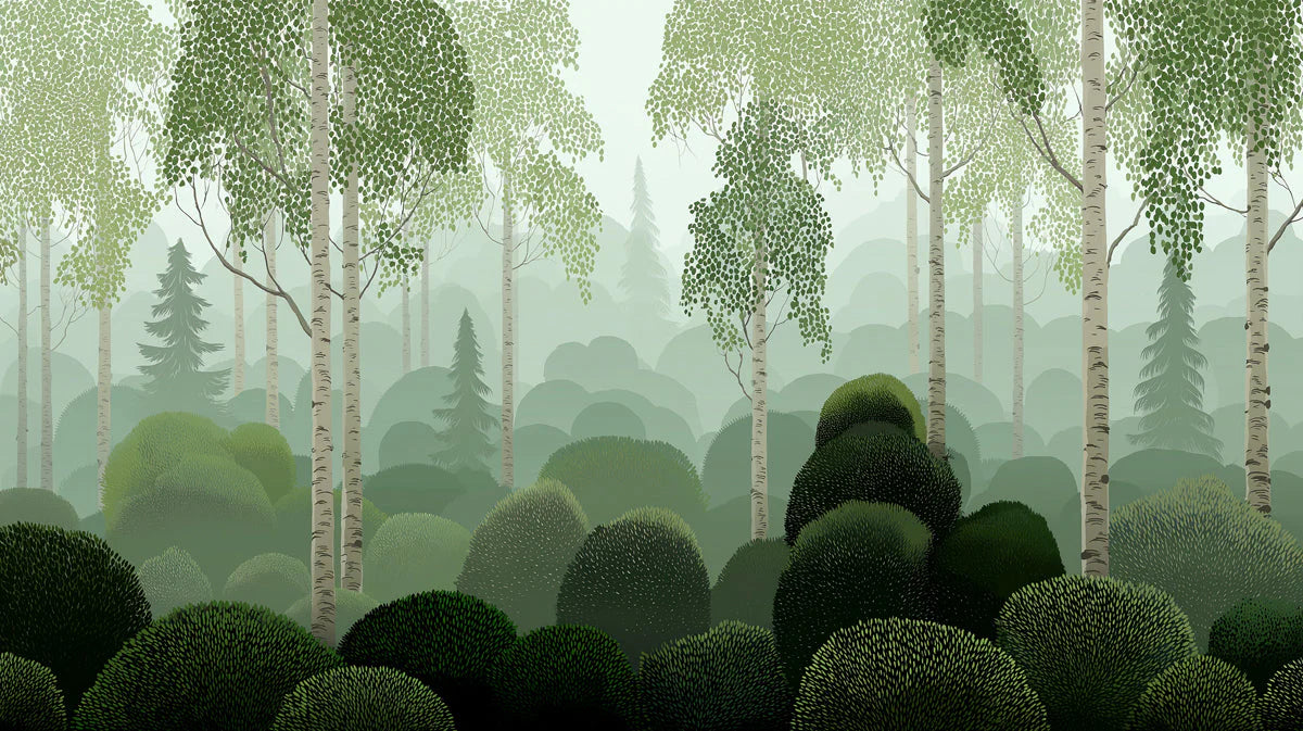 Mist-Covered Birch Forest Mural Wallpaper in Sage Green Mural Wallpaper - room preview 04