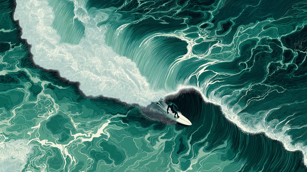 Surfer Wave Mural Wallpaper — Dynamic Deep Teal Ocean Scene Mural Wallpaper - room preview 04
