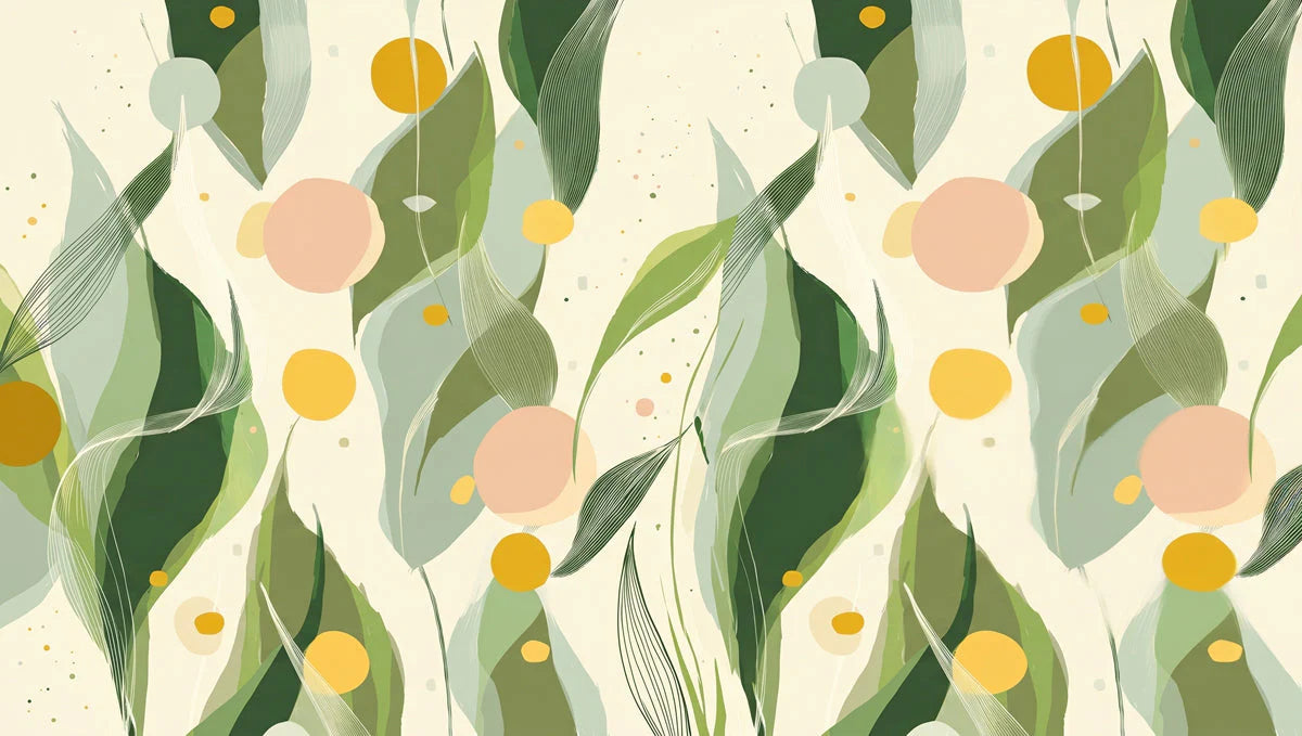 Abstract Botanical Mural Wallpaper in Sage and Ochre Yellow Mural Wallpaper - room preview 04