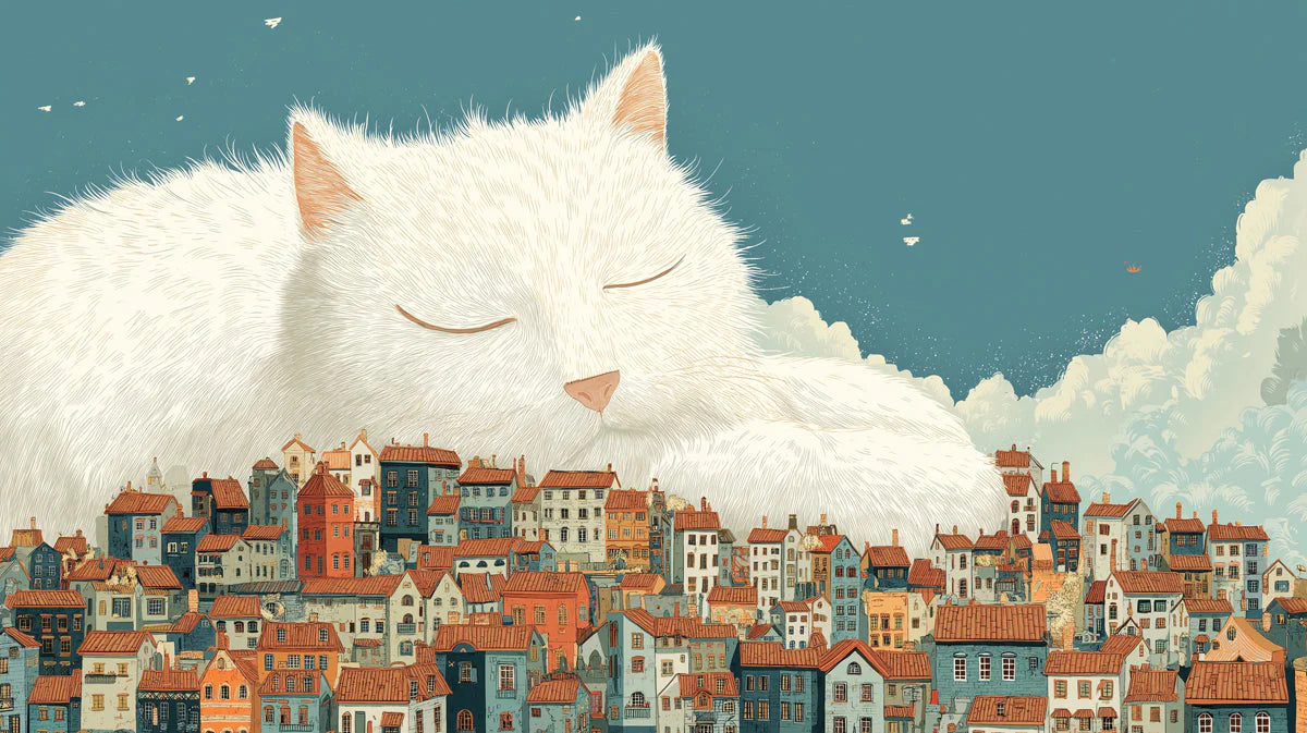 Giant Sleeping Cat over Town Mural Wallpaper — Whimsical Decor Mural Wallpaper - room preview 04