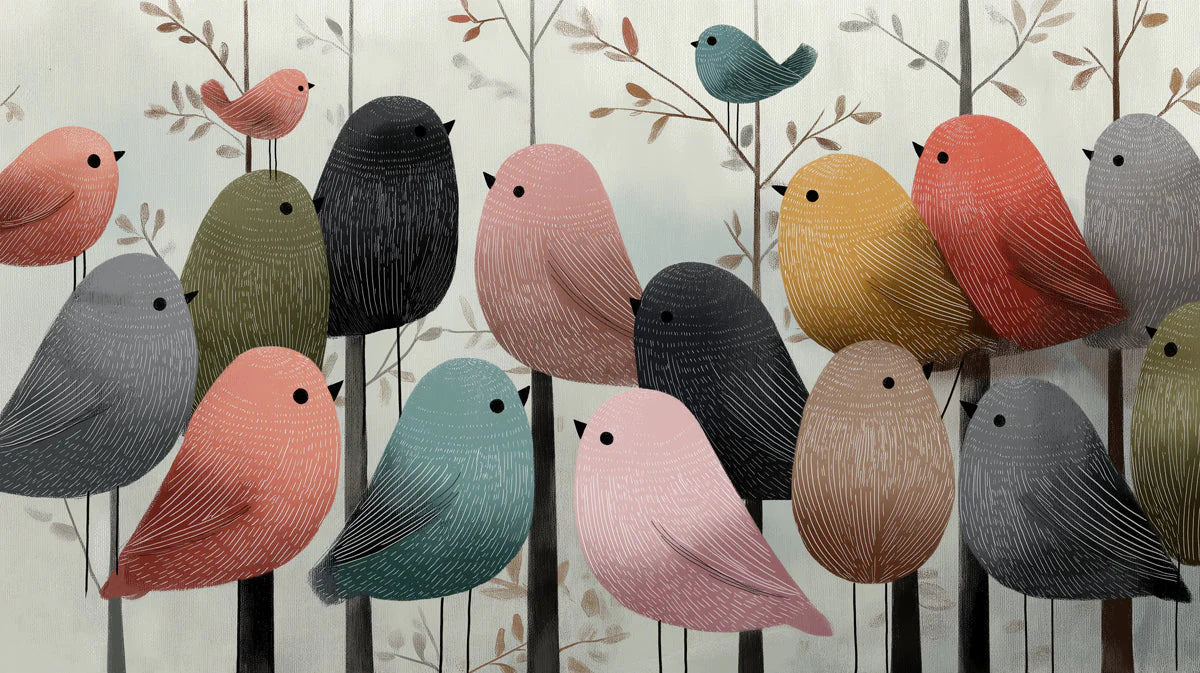 Whimsical Flock Mural Wallpaper with Textured Bird Illustrations Mural Wallpaper - room preview 04