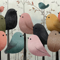 Whimsical Flock Mural Wallpaper with Textured Bird Illustrations Mural Wallpaper - room preview 04